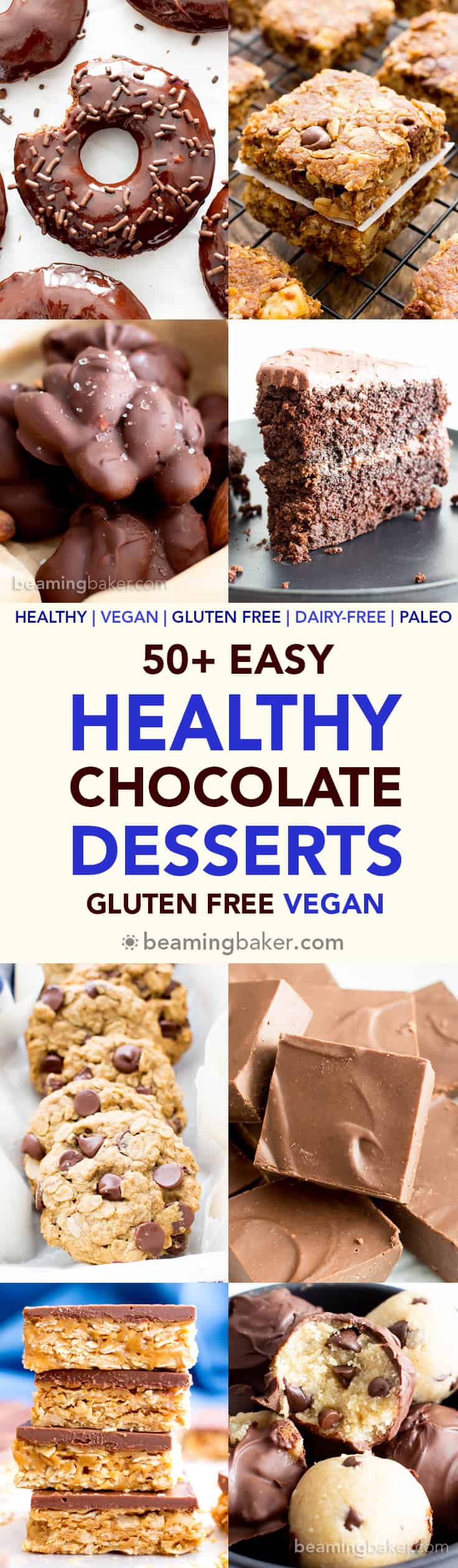 50+ Healthy Vegan Chocolate Desserts Recipes (V, GF): Over 50 easy chocolate desserts made dairy-free + gluten-free! So many satisfying vegan chocolate treats: cookies, cupcakes, cake, bars, candy and more! #Chocolate #Vegan #Paleo #GlutenFree #Healthy #Desserts | Recipes at BeamingBaker.com