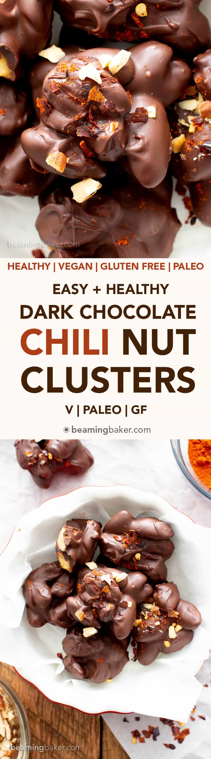 Dark Chocolate Chili Nut Clusters Recipe (V, GF): this homemade chocolate nut clusters recipe is healthy, easy and decadent! It’s the perfect dark chocolate treat – spicy, rich, packed with sweet nut clusters & prep’d in 15 minutes! #Chocolate #Vegan #Dessert #Nuts | Recipe at BeamingBaker.com