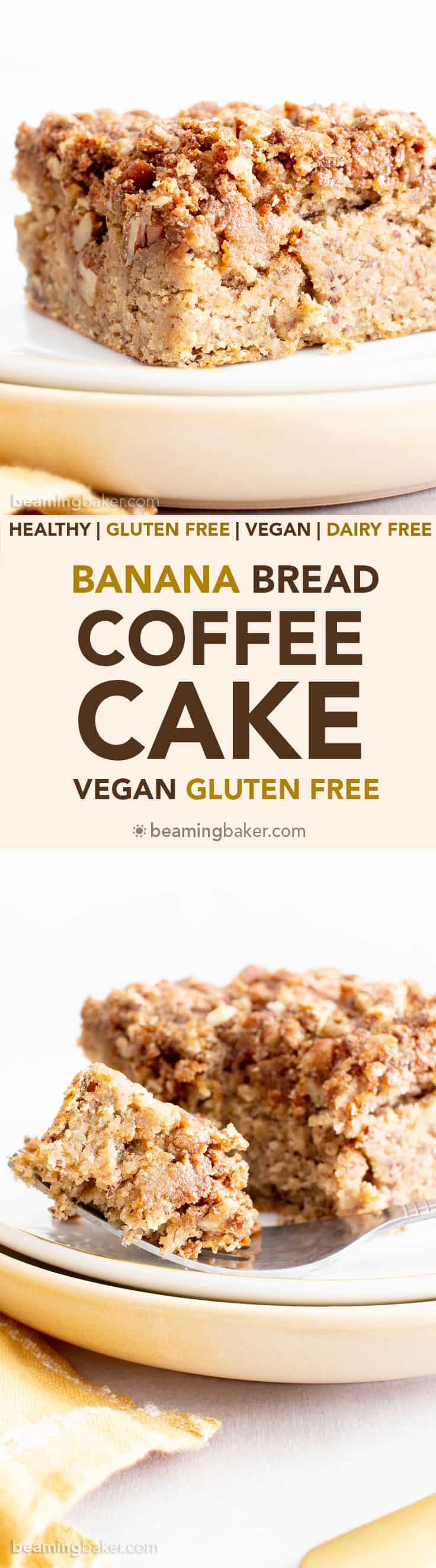 Vegan Gluten Free Banana Bread Coffee Cake Recipe (V, GF): this moist ‘n healthy vegan banana coffee cake recipe is easy & gluten free, with streusel topping! #Vegan #Banana #CoffeeCake #GlutenFree #Healthy | Recipe at BeamingBaker.com