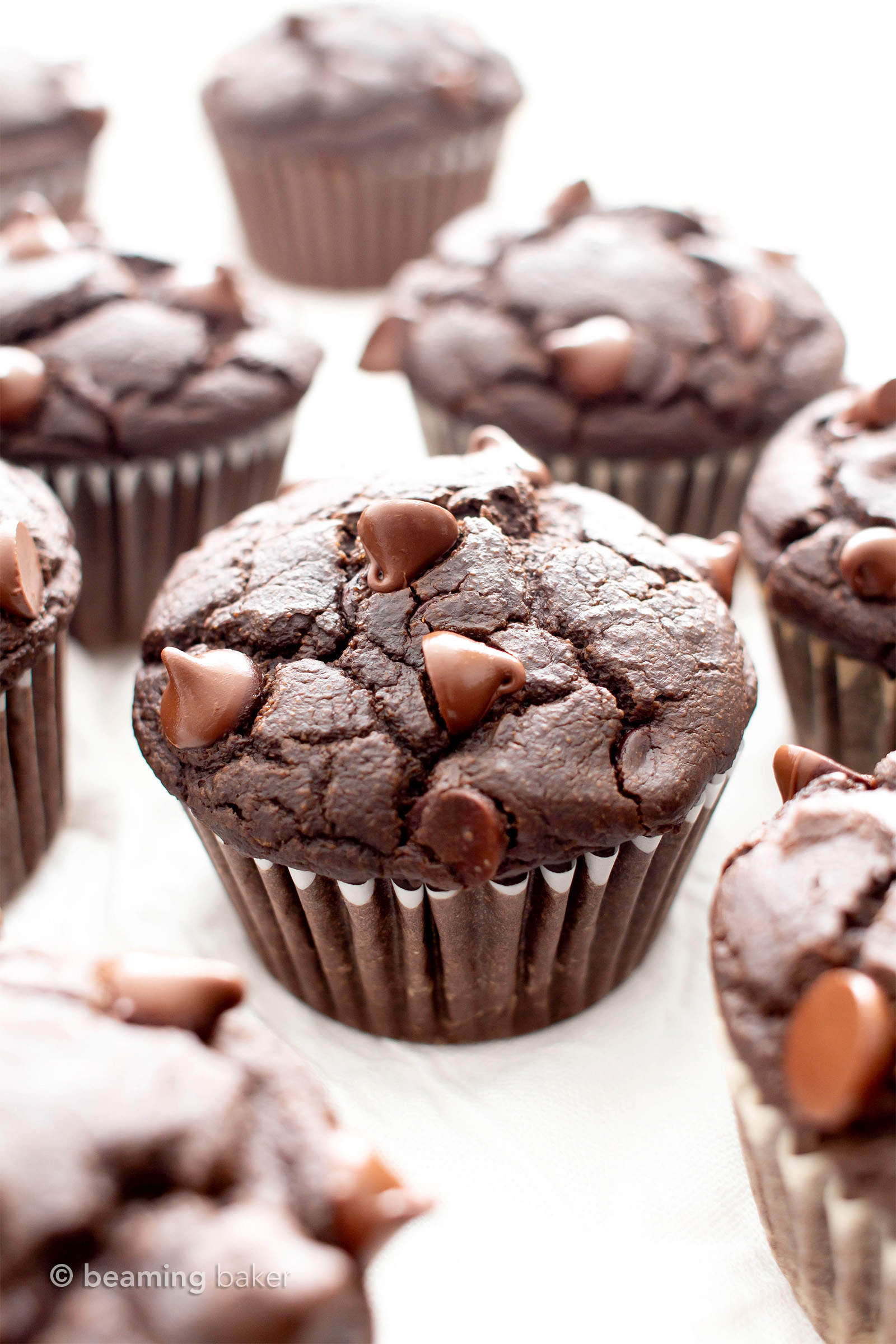 Best Vegan Gluten Free Moist Chocolate Muffins (V, GF): this easy moist gluten free double chocolate muffins recipe is incredible! It’s the best vegan chocolate muffins recipe—egg free, healthy ingredients! #Chocolate #Vegan #GlutenFree #Muffins #Healthy | Recipe at BeamingBaker.com