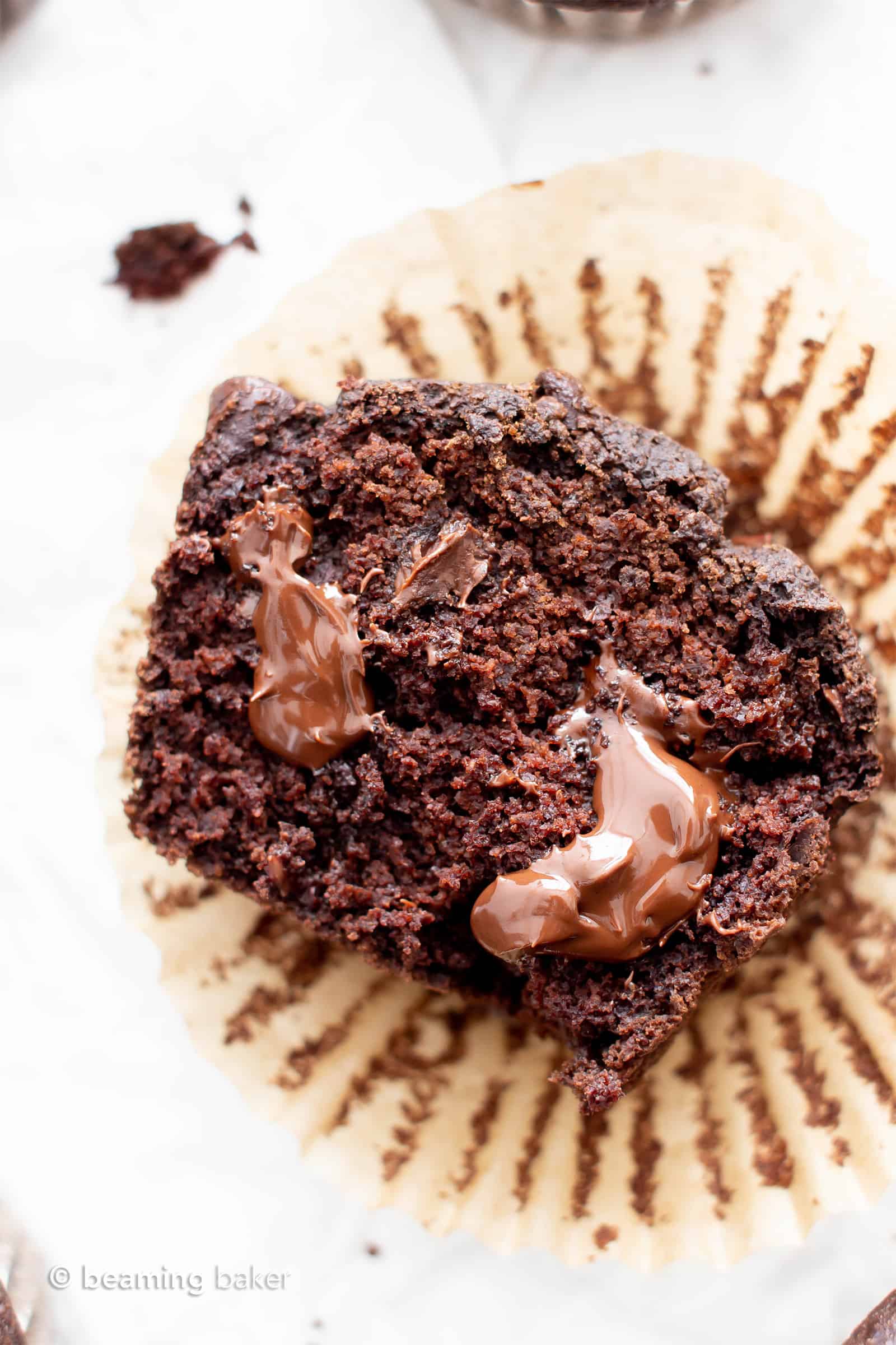 Best Vegan Gluten Free Moist Chocolate Muffins (V,GF): this easy moist gluten free double chocolate muffins recipe is incredible! It’s the best vegan chocolate muffins recipe—egg free, healthy ingredients! #Chocolate #Vegan #GlutenFree #Muffins #Healthy | Recipe at BeamingBaker.com