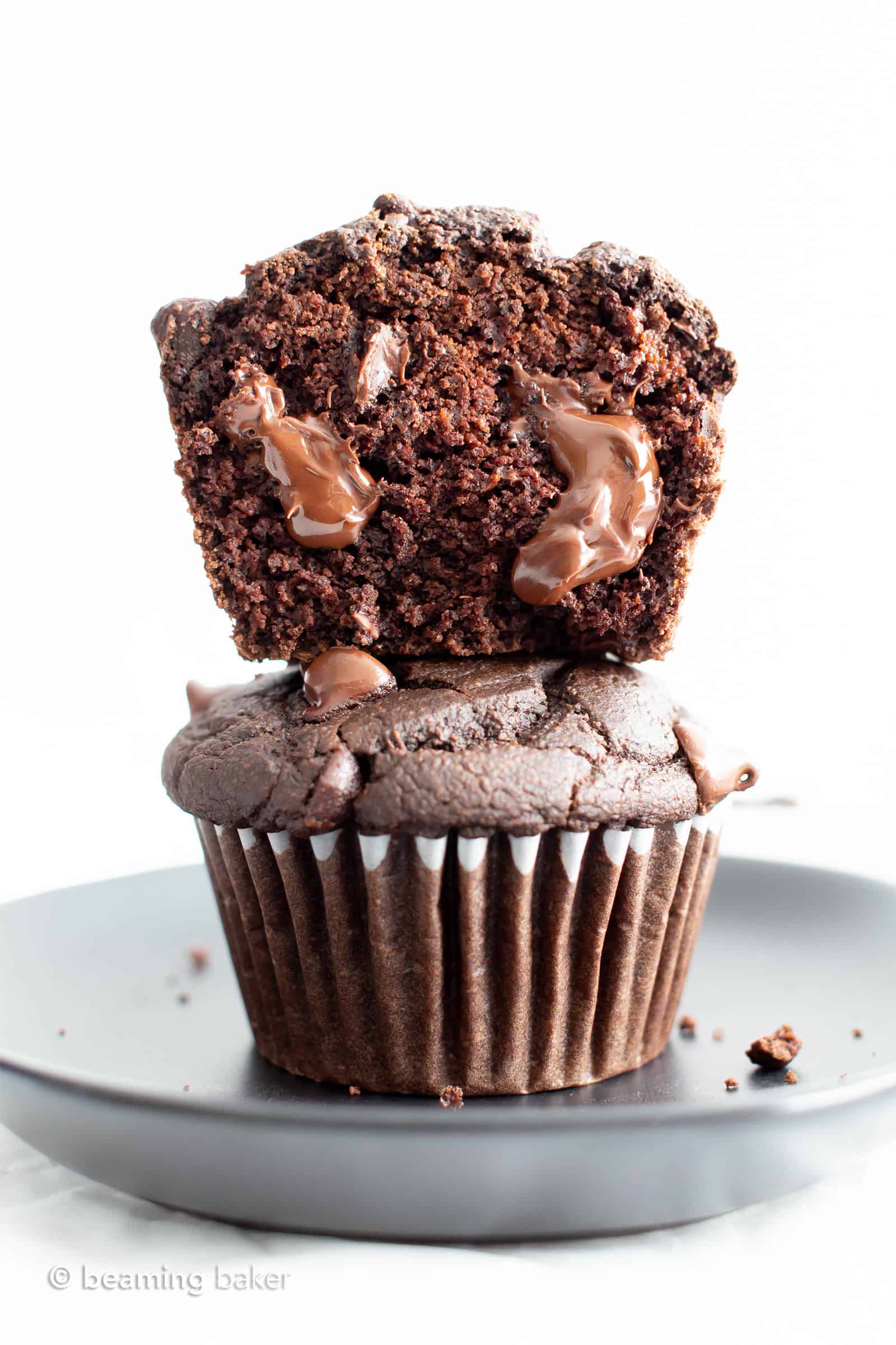 Best Vegan Gluten Free Moist Chocolate Muffins (V,GF): this easy moist gluten free double chocolate muffins recipe is incredible! It’s the best vegan chocolate muffins recipe—egg free, healthy ingredients! #Chocolate #Vegan #GlutenFree #Muffins #Healthy | Recipe at BeamingBaker.com