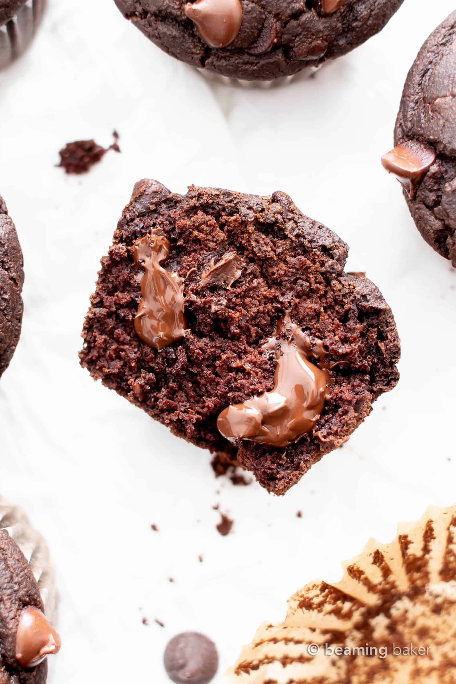 Best Vegan Gluten Free Moist Chocolate Muffins (V,GF): this easy moist gluten free double chocolate muffins recipe is incredible! It’s the best vegan chocolate muffins recipe—egg free, healthy ingredients! #Chocolate #Vegan #GlutenFree #Muffins #Healthy | Recipe at BeamingBaker.com