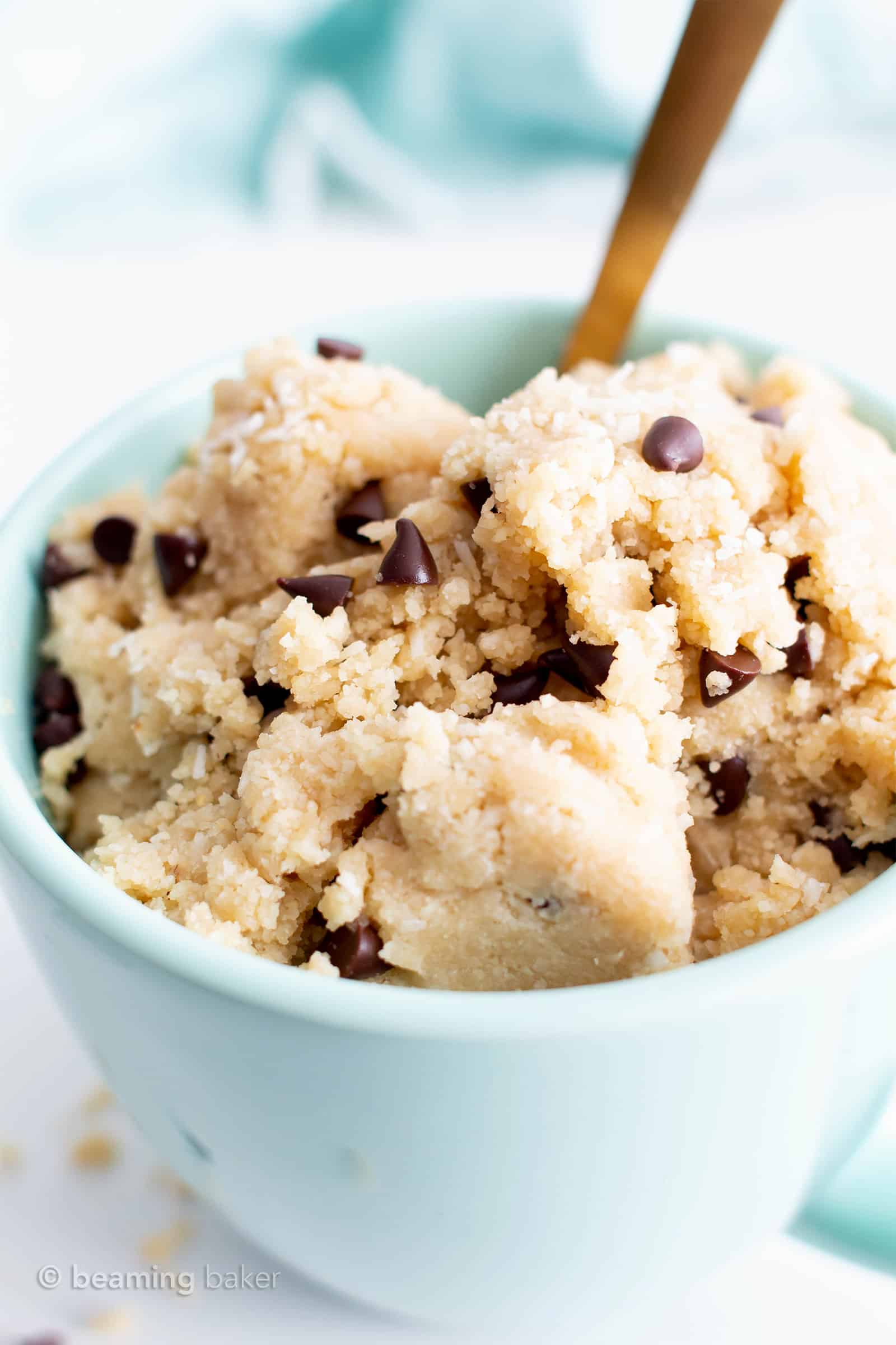 Dairy-Free Coconut Flour Cookie Dough (V, GF): this decadent paleo vegan cookie dough recipe is packed with coconut flavor! It’s the tastiest edible almond flour cookie dough treat—healthy, easy & gluten-free! #CookieDough #Paleo #Vegan #GlutenFree #ChocolateChip | Recipe at BeamingBaker.com