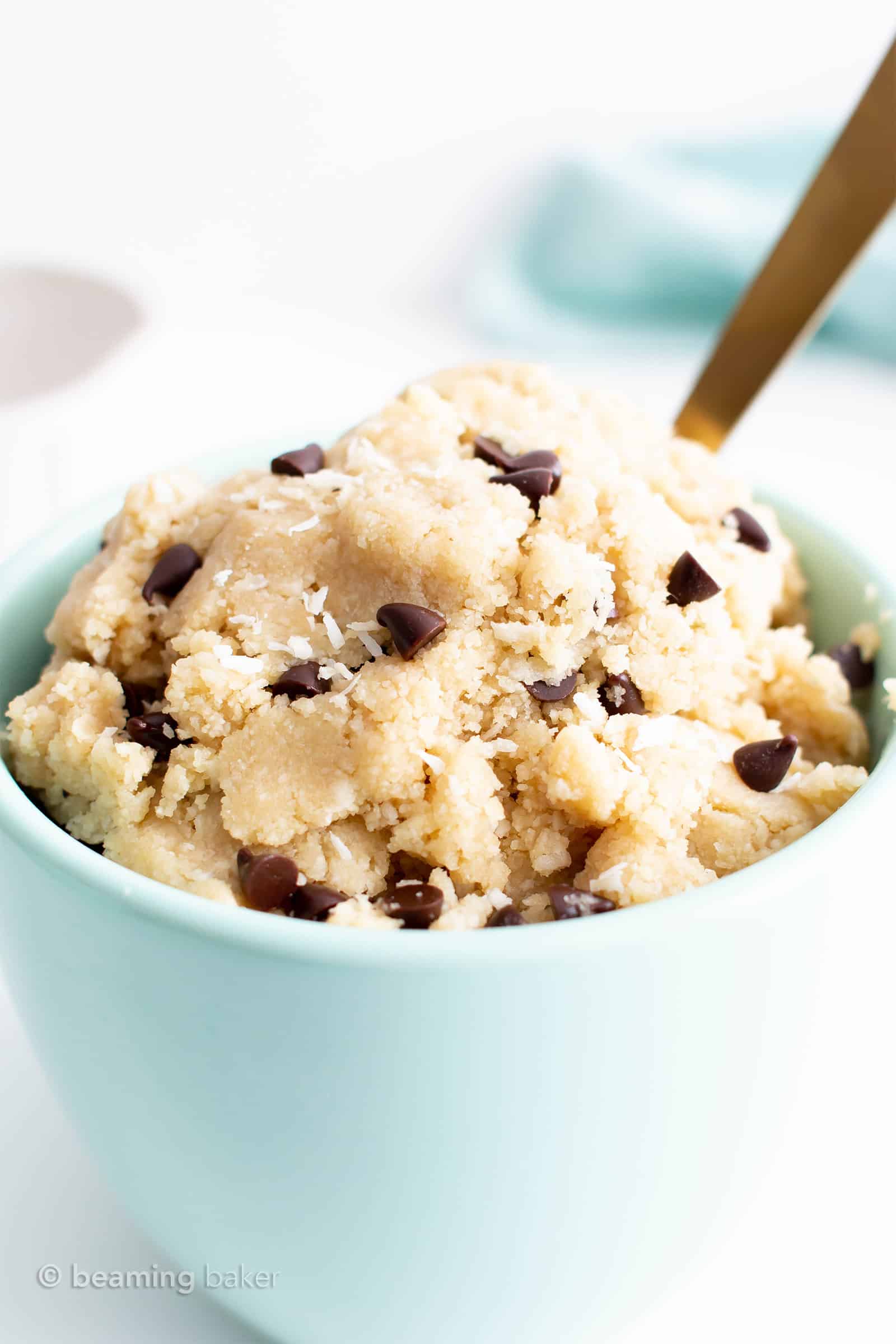 Dairy-Free Coconut Flour Cookie Dough (V, GF): this decadent paleo vegan cookie dough recipe is packed with coconut flavor! It’s the tastiest edible almond flour cookie dough treat—healthy, easy & gluten-free! #CookieDough #Paleo #Vegan #GlutenFree #ChocolateChip | Recipe at BeamingBaker.com