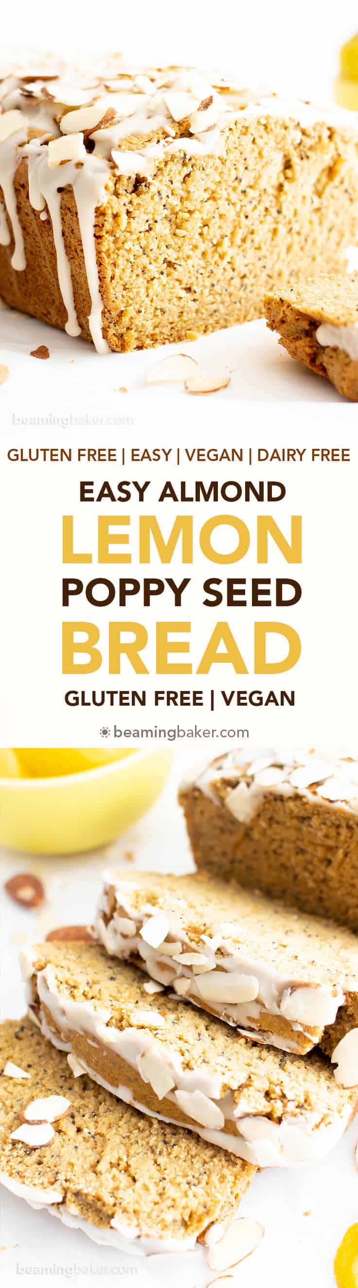 Easy Vegan Lemon Almond Poppy Seed Bread Recipe (Gluten-Free, Healthy): this easy gluten free lemon almond poppy seed bread recipe is moist, fluffy and bursting with lemon flavor! It’s the best vegan lemon poppy seed bread – gluten-free, dairy-free, healthy! #Vegan #GlutenFree #DairyFree #Lemon | Recipe at BeamingBaker.com