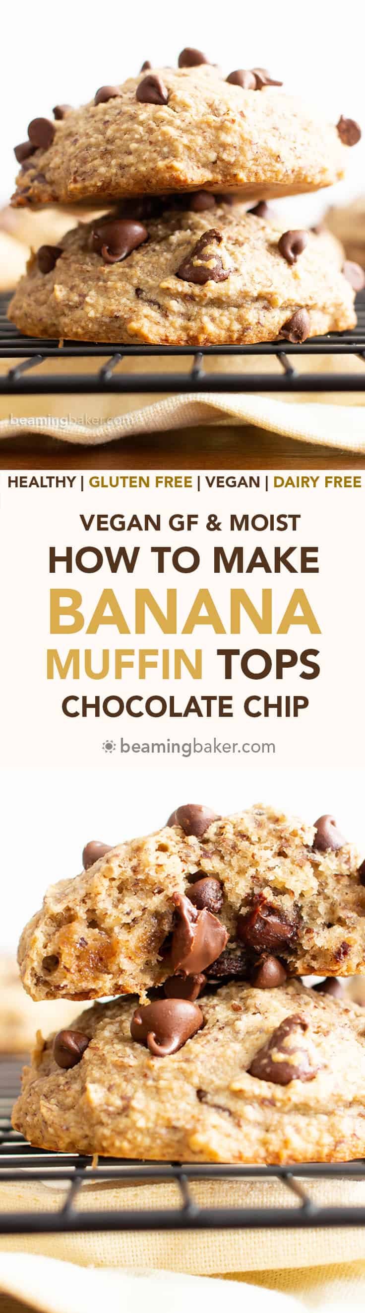 How to Make Banana Muffin Tops (V, GF): this moist vegan muffin top recipe is easy & healthy! Learn how to make banana muffin tops – gluten-free & dairy-free! #Banana #Muffin #Vegan #GlutenFree | Recipe at BeamingBaker.com