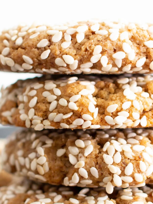 Vegan Sesame Tahini Cookies (Gluten Free): just 7 ingredients for the best vegan tahini cookies—buttery-rich, crisp sesame coating, tender on the inside. Delicious sesame tahini cookies that are gluten free! #Vegan #Sesame #Tahini #GlutenFree #Cookies | Recipe at BeamingBaker.com