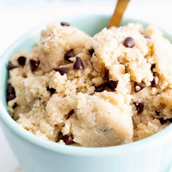 Dairy-Free Coconut Flour Cookie Dough (V, GF): this decadent paleo vegan cookie dough recipe is packed with coconut flavor! It’s the tastiest edible almond flour cookie dough treat—healthy, easy & gluten-free! #CookieDough #Paleo #Vegan #GlutenFree #ChocolateChip | Recipe at BeamingBaker.com