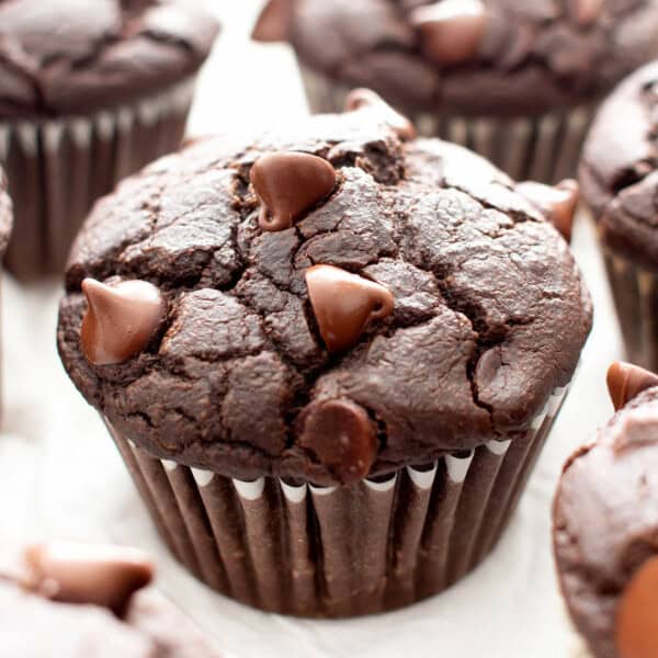 Best Vegan Gluten Free Moist Chocolate Muffins (V,GF): this easy moist gluten free double chocolate muffins recipe is incredible! It’s the best vegan chocolate muffins recipe—egg free, healthy ingredients! #Chocolate #Vegan #GlutenFree #Muffins #Healthy | Recipe at BeamingBaker.com