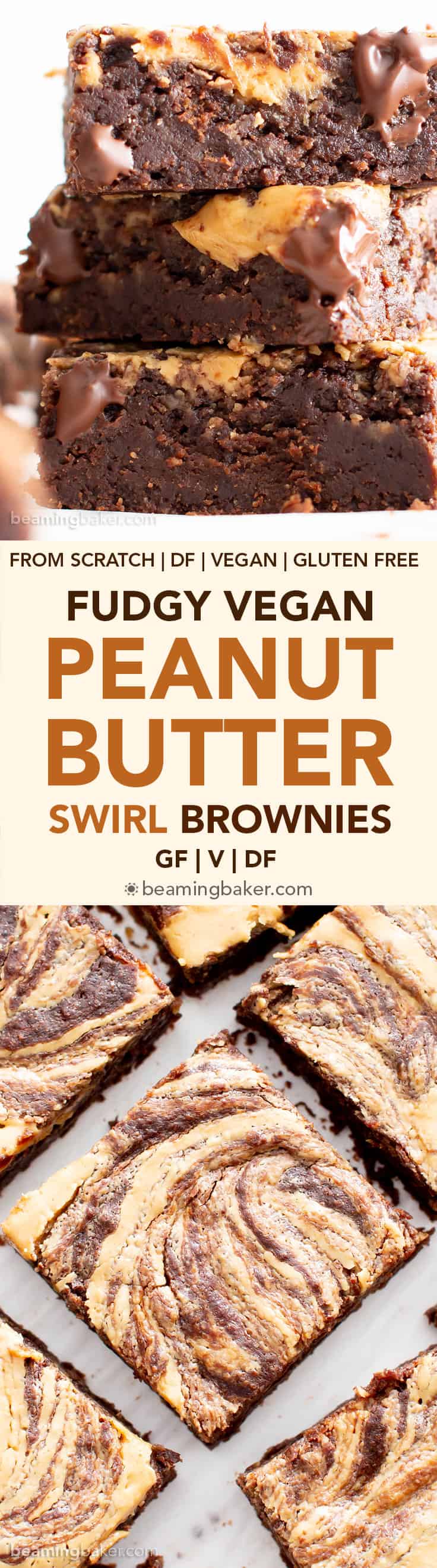 Fudgy Vegan Peanut Butter Swirl Brownies (Gluten Free): this vegan gluten free brownies recipe is made from scratch & easy! It’s the fudgiest chocolate peanut butter swirl brownies ever—with thick ribbons of peanut butter and rich, moist brownie flavor! #Vegan #Brownies #GlutenFree #DairyFree #PeanutButter | Recipe at BeamingBaker.com