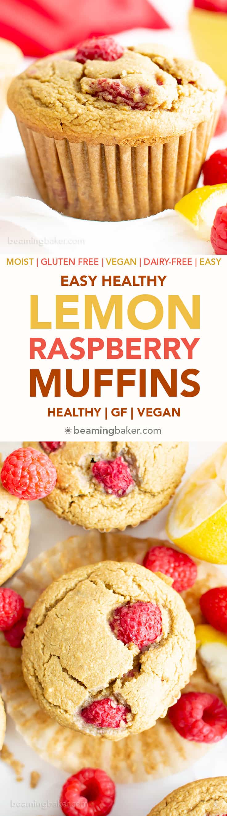 Healthy Lemon Raspberry Muffins Recipe (GF, V): this moist ‘n easy lemon raspberry muffins recipe is gluten free & vegan! A healthy lemon raspberry muffins recipe that’s bursting with raspberry flavor! #GlutenFree #Muffins #Healthy #Vegan #Lemon #Raspberry | Recipe at BeamingBaker.com