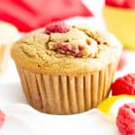 Healthy Lemon Raspberry Muffins Recipe (GF, V): this moist ‘n easy lemon raspberry muffins recipe is gluten free & vegan! A healthy lemon raspberry muffins recipe that’s bursting with raspberry flavor! #GlutenFree #Muffins #Healthy #Vegan #Lemon #Raspberry | Recipe at BeamingBaker.com