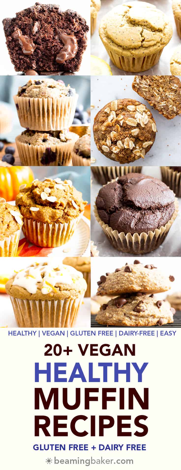 20+ Healthy Vegan Muffin Recipes (GF): A mouthwatering collection of the BEST homemade healthy muffins! Featuring healthy banana muffins, vegan blueberry muffins, and more easy muffin recipes! #Vegan #GlutenFree #DairyFree #Healthy #Muffins | Recipes on BeamingBaker.com