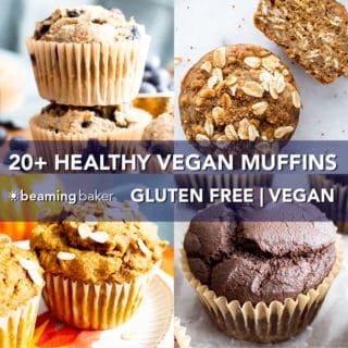 20+ Healthy Vegan Muffin Recipes (GF): A mouthwatering collection of the BEST homemade healthy muffins! Featuring healthy banana muffins, vegan blueberry muffins, and more easy muffin recipes! #Vegan #GlutenFree #DairyFree #Healthy #Muffins | Recipes on BeamingBaker.com
