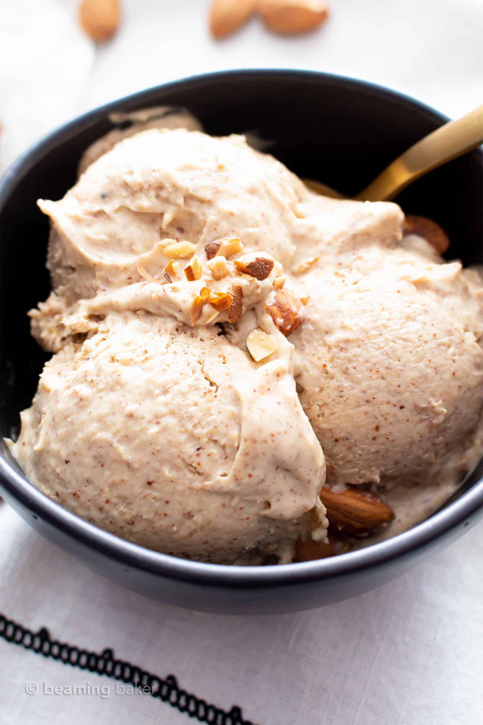 4 Ingredient Paleo Almond Butter Ice Cream (Vegan, Keto): creamy, luscious almond butter vegan ice cream in 5 minutes—no churn, easy! This keto ice cream recipe is silky smooth, dairy-free, made without an ice cream maker. #Paleo #Keto #Vegan #IceCream #AlmondButter #DairyFree | Recipe at BeamingBaker.com