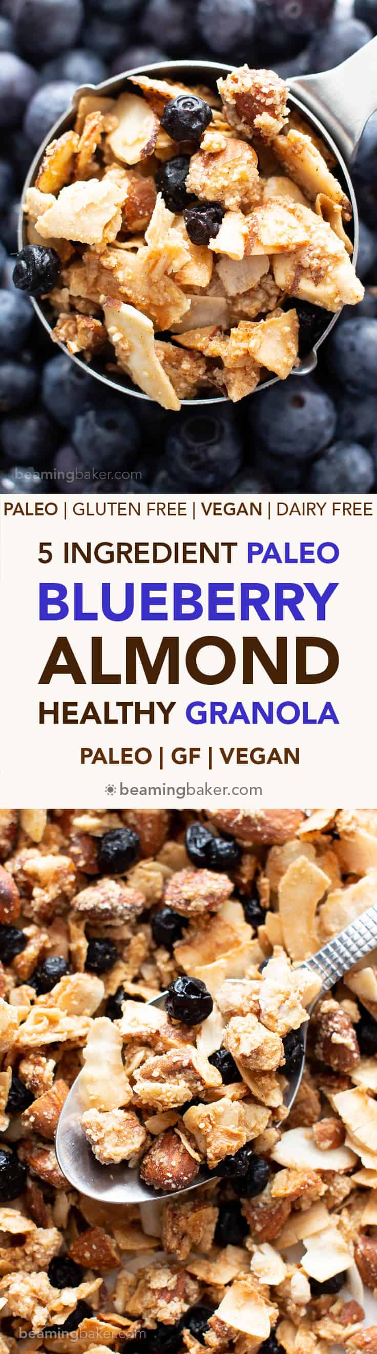 Paleo Vegan Granola (V, GF): a 5 ingredient recipe for sunny blueberry almond granola—crispy, crunchy clusters bursting with almonds & blueberries. The best healthy vegan breakfast recipe! #Vegan #Paleo #Granola #GlutenFree | Recipe at BeamingBaker.com