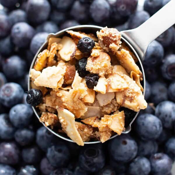 Paleo Vegan Granola (V, GF): a 5 ingredient recipe for sunny blueberry almond granola—crispy, crunchy clusters bursting with almonds & blueberries. The best healthy vegan breakfast recipe! #Vegan #Paleo #Granola #GlutenFree | Recipe at BeamingBaker.com