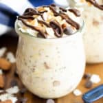 Almond Joy Overnight Oats Recipe (Vegan, GF):  super EASY vegan overnight oats that are dessert for breakfast! Tasty vegan overnight oatmeal bursting with almonds, chocolate & coconut goodness. Healthy, Gluten Free, Dairy-Free. #OvernightOats #OvernightOatmeal #Vegan #Breakfast #Healthy | Recipe at BeamingBaker.com