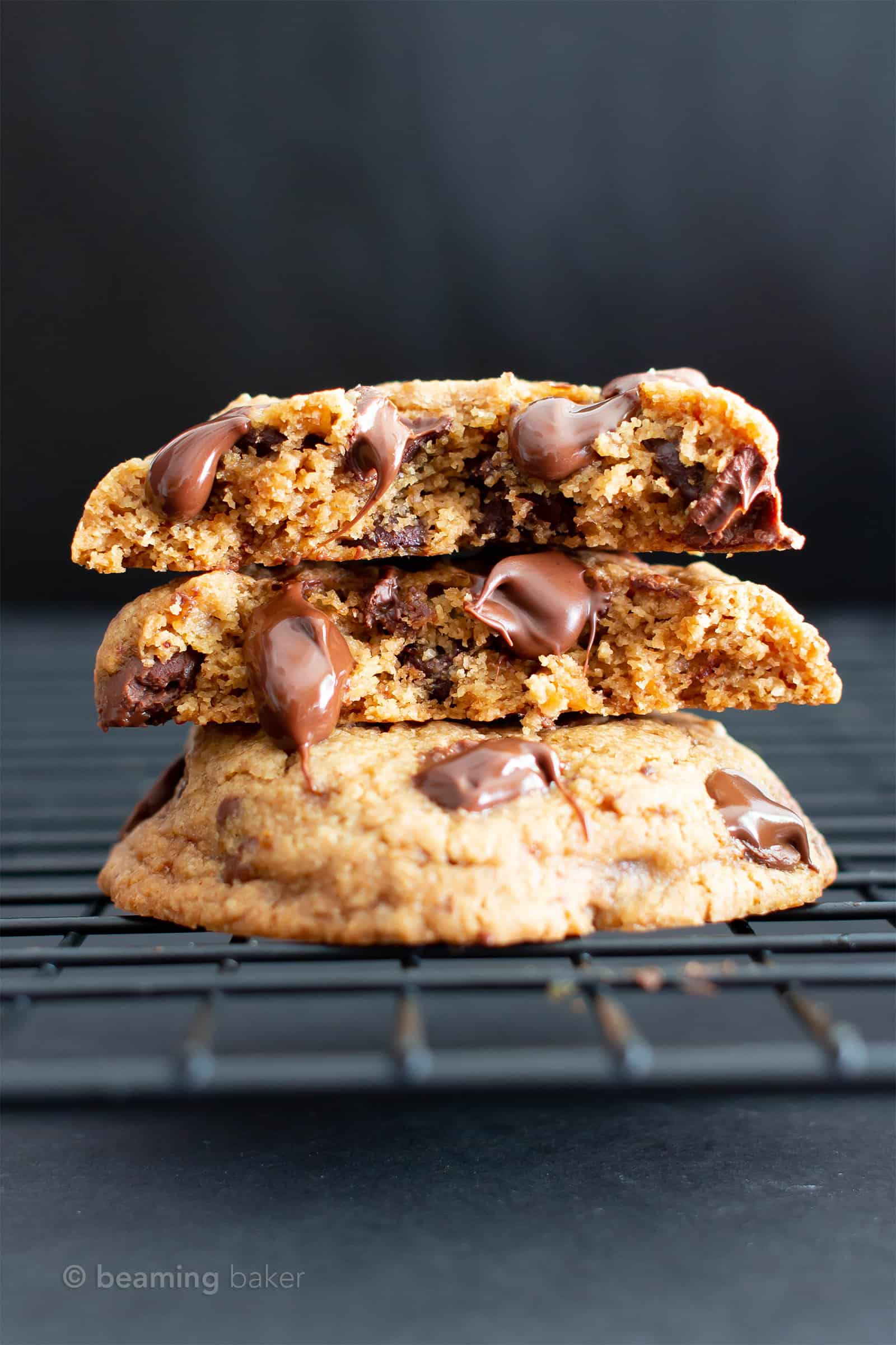 Thick and Chewy Vegan Chocolate Chip Cookies Recipe: the best vegan chocolate chip cookies—gluten free, delicious, easy! Thick chocolate chip cookies with crispy edges, chewy, soft centers, bursting with chocolate! #GlutenFree #Vegan #Chocolate #Cookies | Recipe at BeamingBaker.com