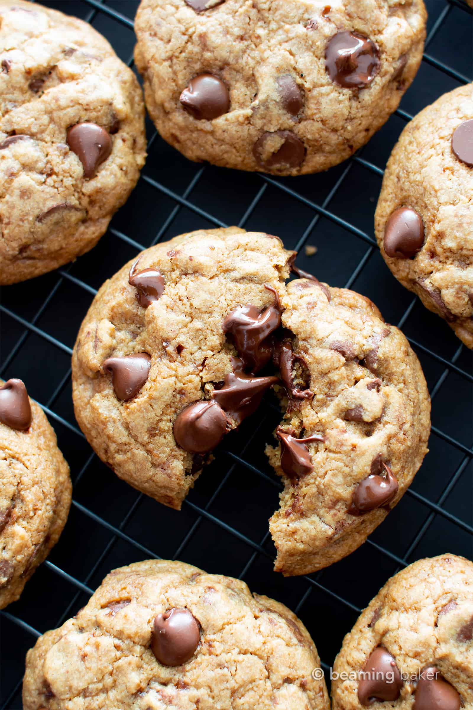 Thick and Chewy Vegan Chocolate Chip Cookies Recipe: the best vegan chocolate chip cookies—gluten free, delicious, easy! Thick chocolate chip cookies with crispy edges, chewy, soft centers, bursting with chocolate! #GlutenFree #Vegan #Chocolate #Cookies | Recipe at BeamingBaker.com