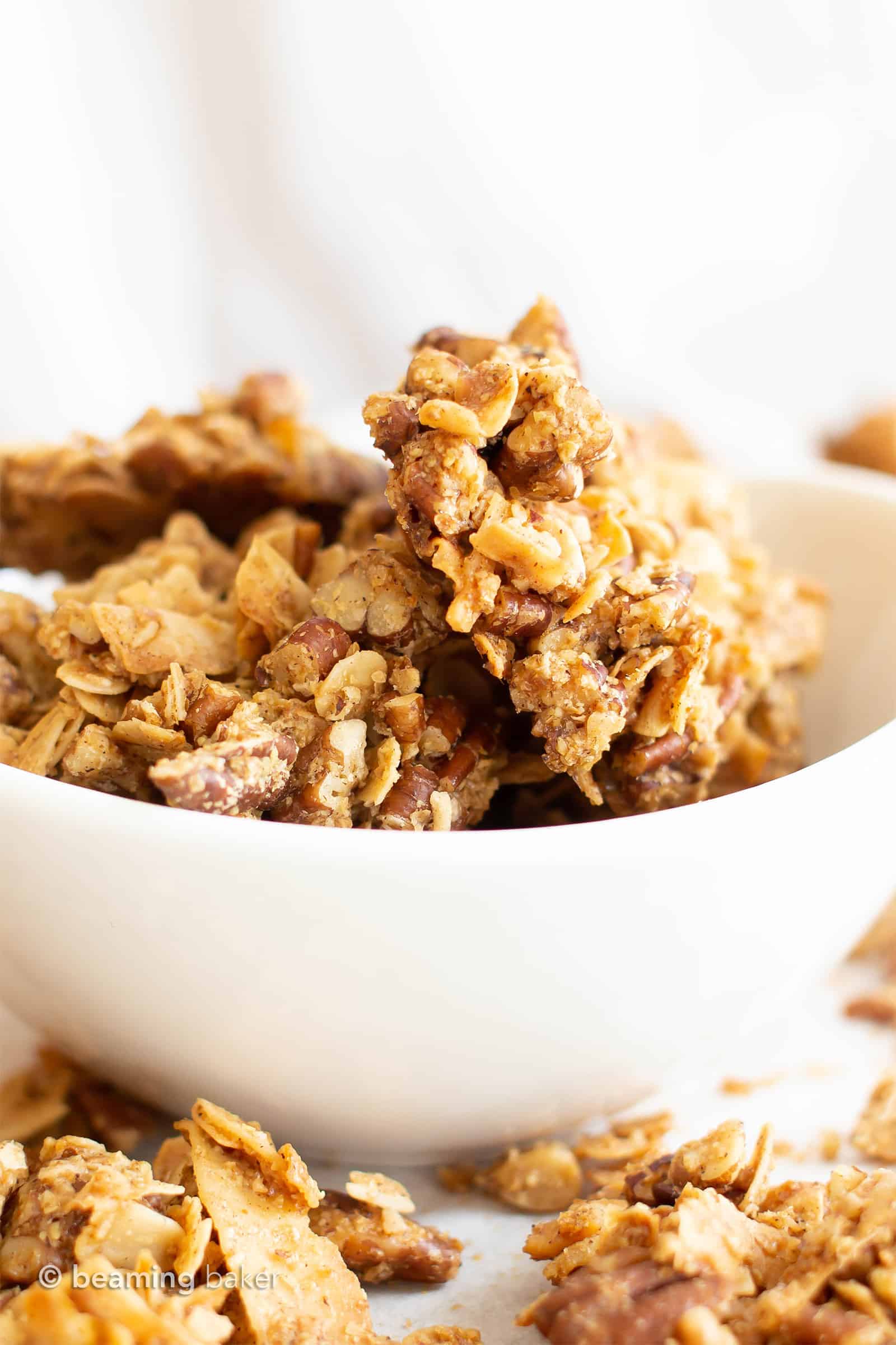 Healthy Chunky Granola Recipe (GF): learn how to make chunky granola with clusters! The best homemade chunky granola—vegan, gluten free & yummy! Super CHUNKY clusters with crispy edges, packed full of nuts & nutrients! #Granola #Vegan #GlutenFree #Healthy | Recipe at BeamingBaker.com