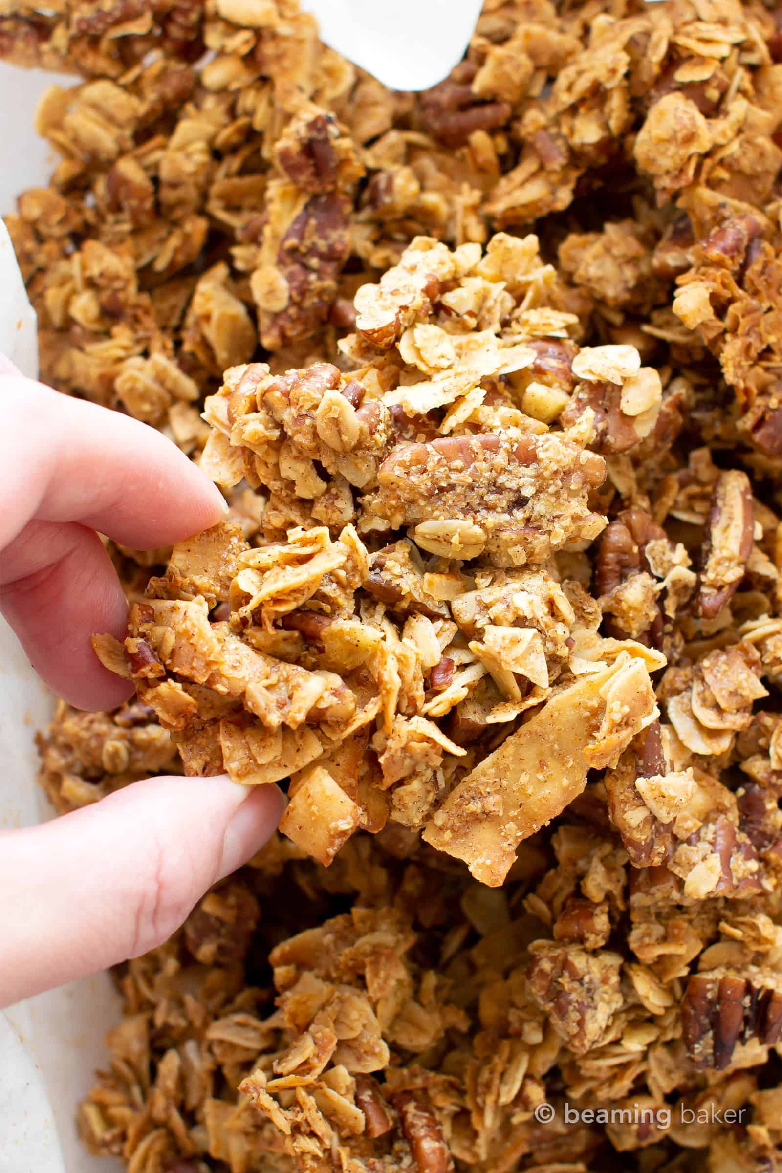 Healthy Chunky Granola Recipe (GF): learn how to make chunky granola with clusters! The best homemade chunky granola—vegan, gluten free & yummy! Super CHUNKY clusters with crispy edges, packed full of nuts & nutrients! #Granola #Vegan #GlutenFree #Healthy | Recipe at BeamingBaker.com