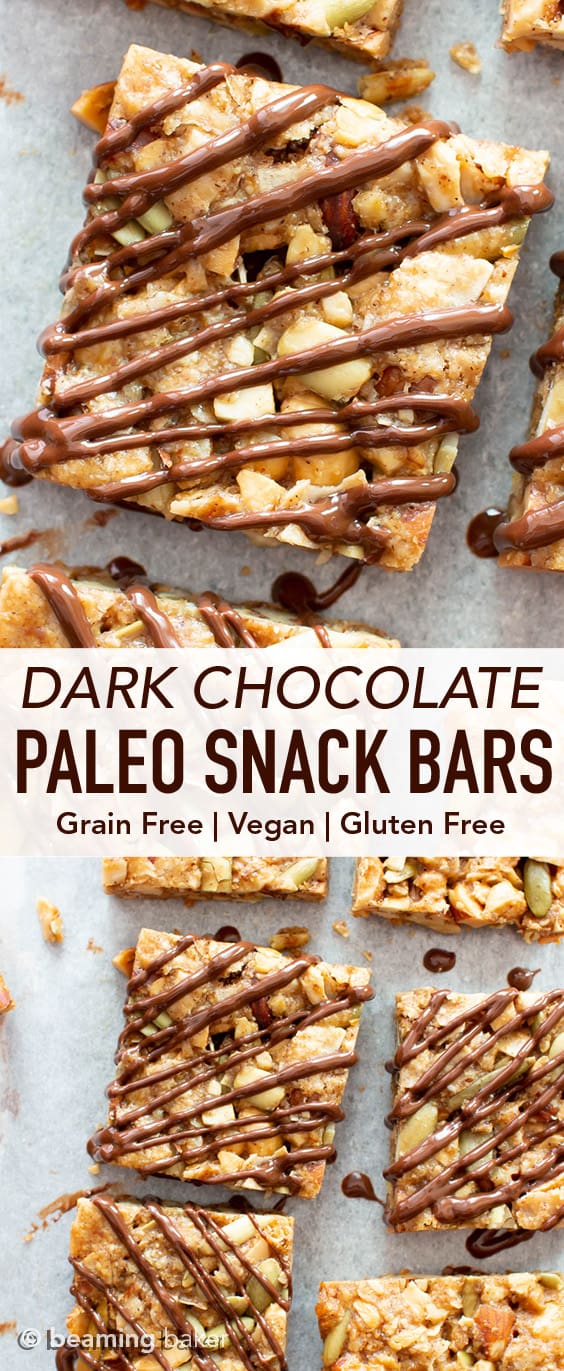 Dark Chocolate Paleo Snack Bars (GF): this chocolate-drizzled vegan snack bars recipe is chewy & satisfying! The best gluten free snack bars—grain-free, refined sugar-free & healthy! #SnackBars #GlutenFree #Paleo #Vegan #Healthy | Recipe at BeamingBaker.com