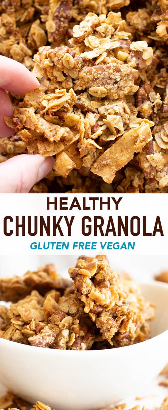 Healthy Chunky Granola Recipe (GF): learn how to make chunky granola with clusters! The best homemade chunky granola—vegan, gluten free & yummy! Super CHUNKY clusters with crispy edges, packed full of nuts & nutrients! #Granola #Vegan #GlutenFree #Healthy | Recipe at BeamingBaker.com