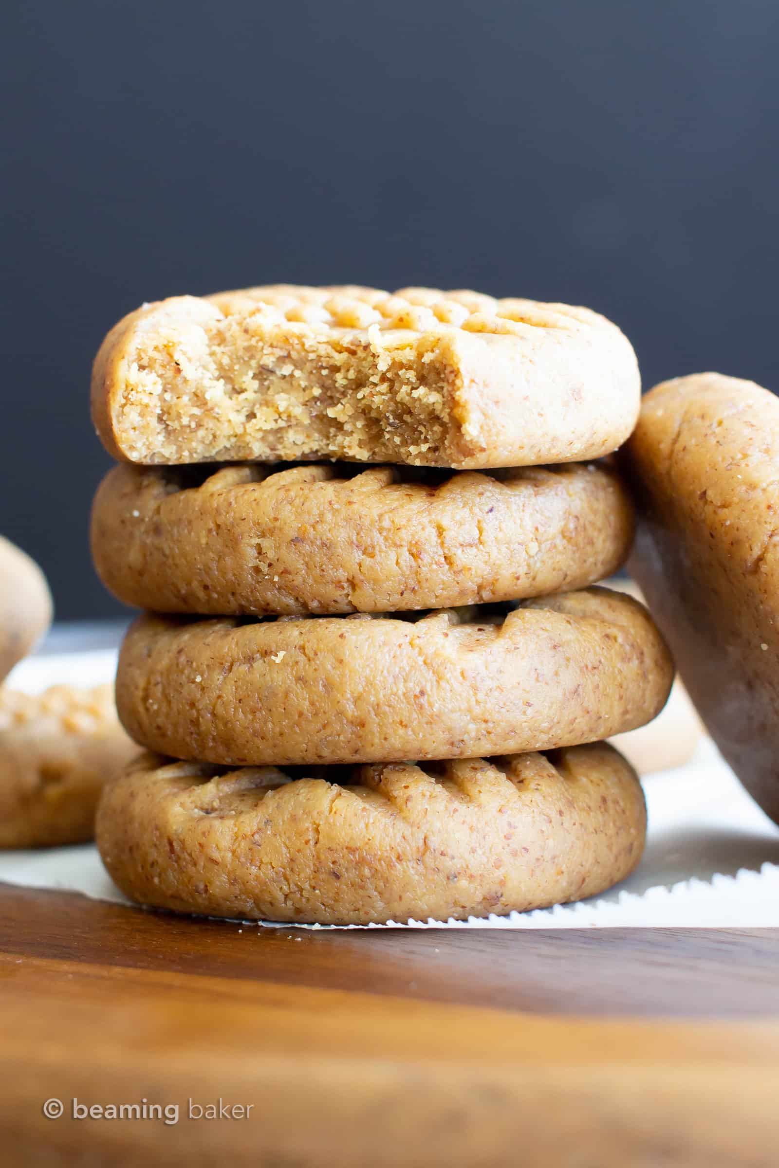 3 Ingredient Almond Butter Paleo No Bake Cookies (GF): learn how to make easy no bake cookies paleo, vegan & gluten free! Soft, sweet & satisfying. Protein-Rich! Refined Sugar-Free. #NoBake #Cookies #Paleo #GlutenFree #Vegan | Recipe at BeamingBaker.com