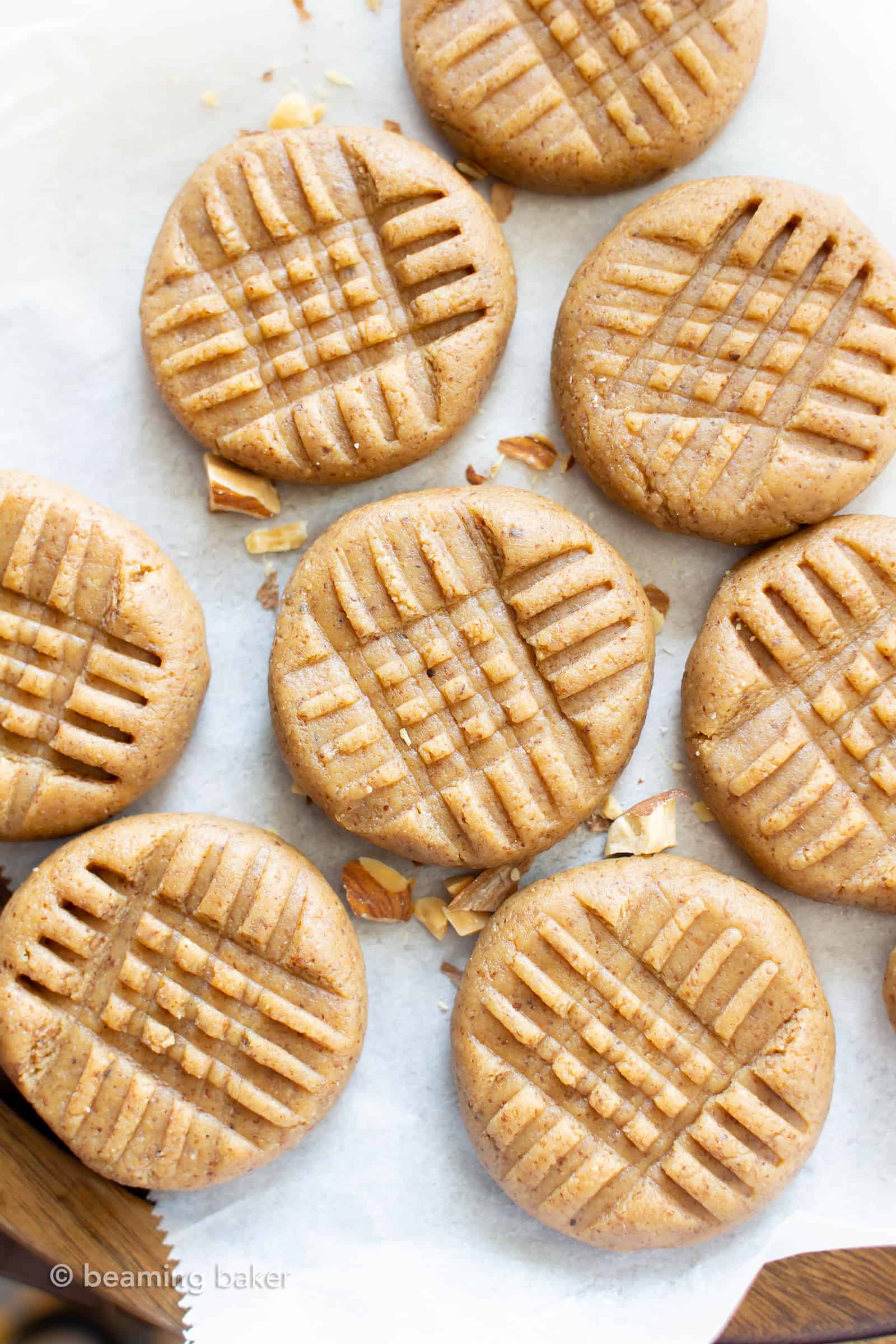 3 Ingredient Almond Butter Paleo No Bake Cookies (GF): learn how to make easy no bake cookies paleo, vegan & gluten free! Soft, sweet & satisfying. Protein-Rich! Refined Sugar-Free. #NoBake #Cookies #Paleo #GlutenFree #Vegan | Recipe at BeamingBaker.com