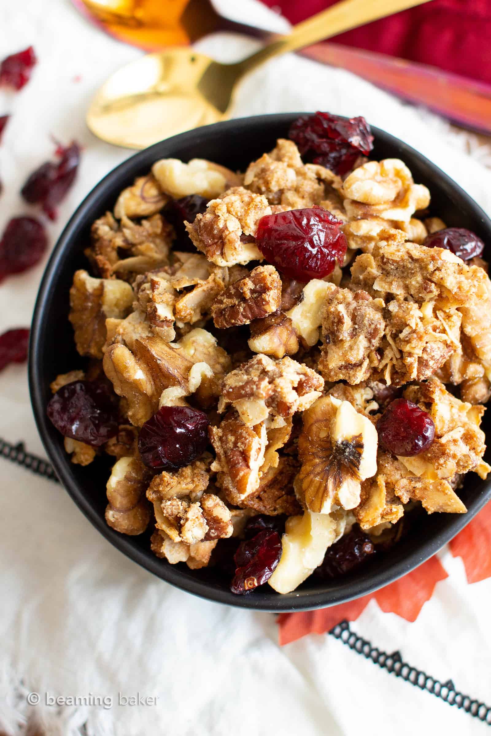 Cranberry Walnut Granola (GF): my favorite GRAINLESS granola—deliciously maple-sweetened crispy, crunchy clusters with tart cranberries & satisfying walnuts! The ultimate homemade GRAIN FREE granola recipe: 10 min prep, Paleo, Vegan, Gluten Free. #GrainFree #Granola #Paleo #Cranberry #GlutenFree | Recipe at BeamingBaker.com