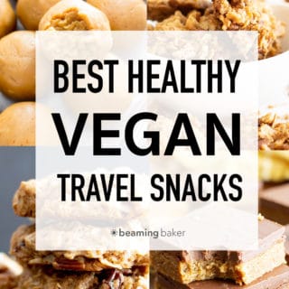 The best vegan snacks for traveling, including make-ahead no bake snacks, healthy homemade cookies, the best fruits and more vegan travel snacks! #travel #traveltips #travelhacks #travelsnacks #vegan | Post on BeamingBaker.com