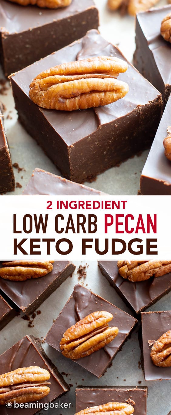 Keto Chocolate Fudge: this low carb chocolate pecan fudge recipe only needs 2 ingredients, is vegan & dairy free! The best 5 minute fudge—for thick squares of sugar free chocolate fudge! Tastes like chocolate covered pecans. #Keto #Fudge #Vegan #LowCarb #SugarFree | Recipe at BeamingBaker.com