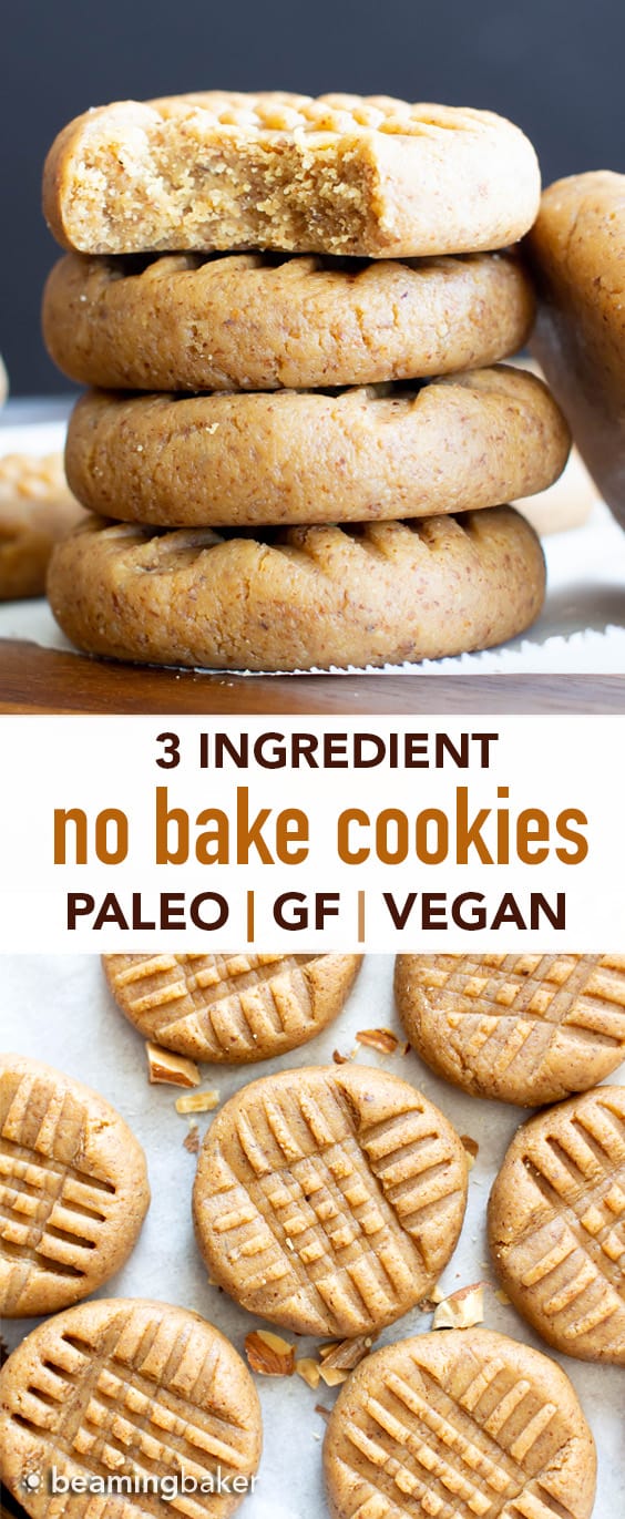 3 Ingredient Almond Butter Paleo No Bake Cookies (GF): learn how to make easy no bake cookies paleo, vegan & gluten free! Soft, sweet & satisfying. Protein-Rich! Refined Sugar-Free. #NoBake #Cookies #Paleo #GlutenFree #Vegan | Recipe at BeamingBaker.com