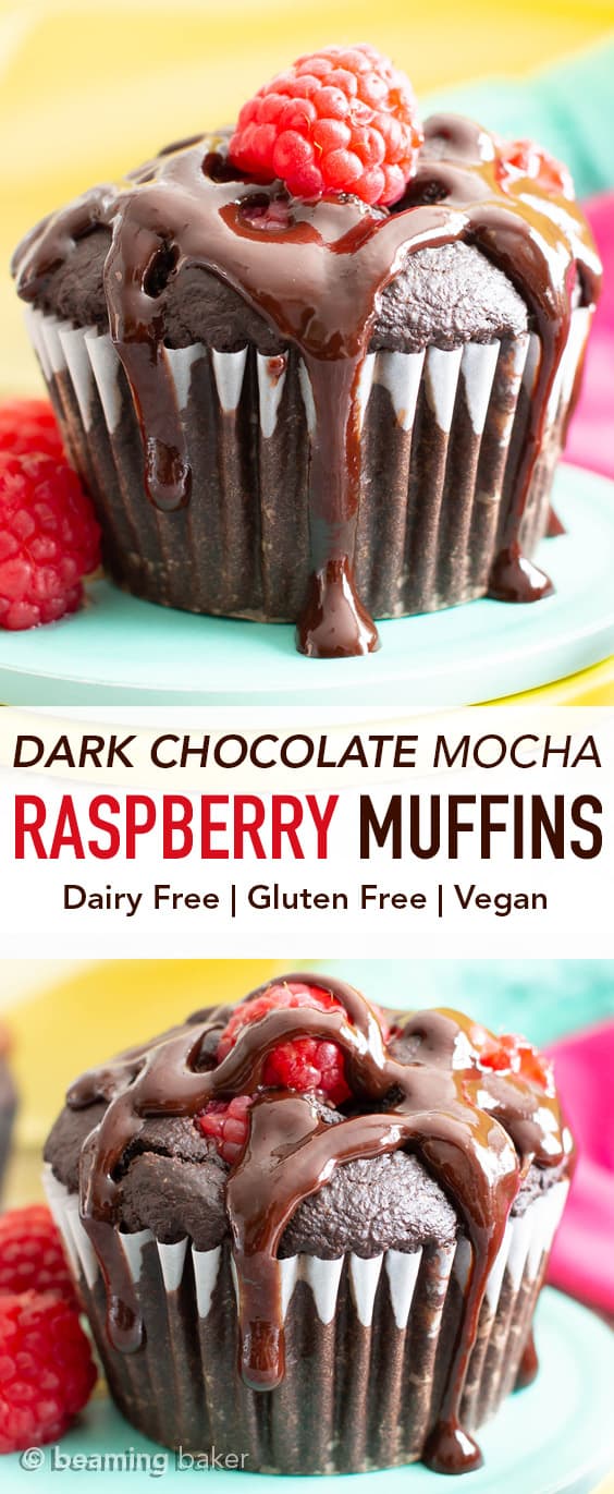 Vegan Dark Chocolate Raspberry Mocha Muffins (GF): decadent, rich, dark chocolate vegan muffins packed with juicy, fresh raspberries, gooey chocolate chips & a coffee kick! #Vegan #Muffins #GlutenFree #Raspberries #DairyFree | Recipe at BeamingBaker.com