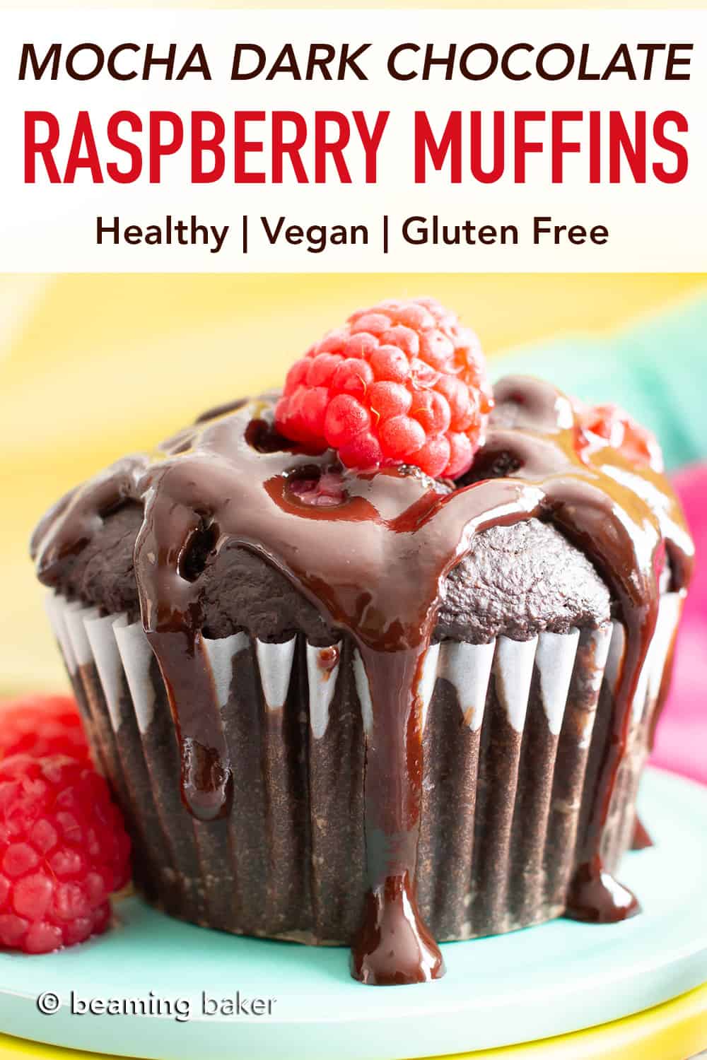 Vegan Dark Chocolate Raspberry Mocha Muffins (GF): decadent, rich, dark chocolate vegan muffins packed with juicy, fresh raspberries, gooey chocolate chips & a coffee kick! #Vegan #Muffins #GlutenFree #Raspberries #DairyFree | Recipe at BeamingBaker.com