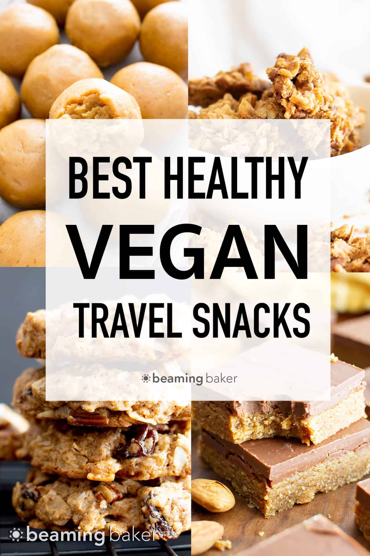 De beste veganistische snacks voor op reis, waaronder make-ahead no bake snacks, gezonde zelfgemaakte koekjes, de beste vruchten en meer veganistische reissnacks! #travel #traveltips #travelhacks #travelsnacks #vegan | Post on BeamingBaker.com