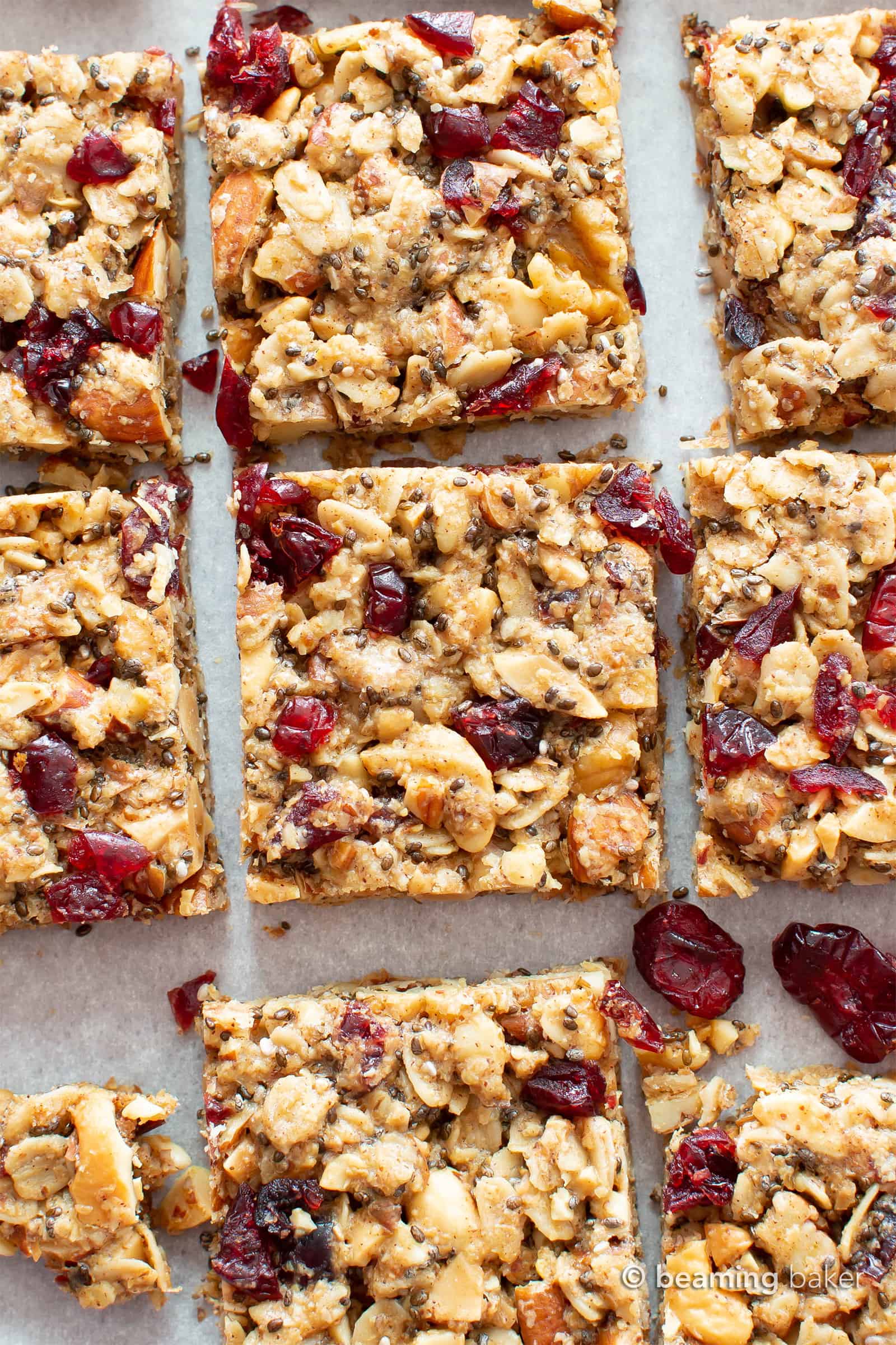 Cranberry Chia Gluten Free Vegan Snack Bars: this healthy vegan snack bars recipe yields chewy & satisfying bars! The best vegan snack bars recipe—packed with chia & flax to keep you full! #Snacks #Bars #GlutenFree #Vegan #Chia | Recipe at BeamingBaker.com