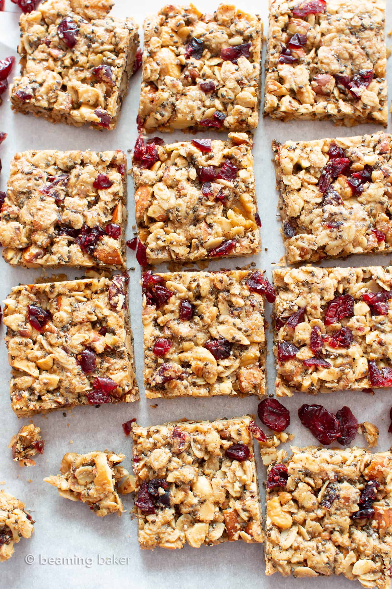 Cranberry Chia Gluten Free Vegan Snack Bars: this healthy vegan snack bars recipe yields chewy & satisfying bars! The best vegan snack bars recipe—packed with chia & flax to keep you full! #Snacks #Bars #GlutenFree #Vegan #Chia | Recipe at BeamingBaker.com