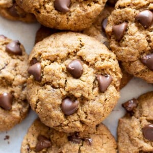 Vegan Paleo Chocolate Chip Cookies Recipe: the BEST paleo chocolate chip cookies made with coconut flour. Think: chewy exterior, soft interior, bursting with melty chocolate goodness! Meet your favorite gluten free chocolate chip cookies. #Paleo #Chocolate #Cookies #Vegan #GrainFree | Recipe at BeamingBaker.com