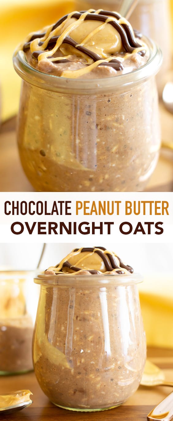 Chocolate Peanut Butter Overnight Oats: this easy vegan overnight oats recipe is gluten free & healthy! The best overnight oats (vegan)—tastes like chocolate PB cups. Made with simple, whole ingredients. Refined Sugar-Free, GF, Dairy-Free. #OvernightOats #Chocolate #PeanutButter #GlutenFree | Recipe at BeamingBaker.com