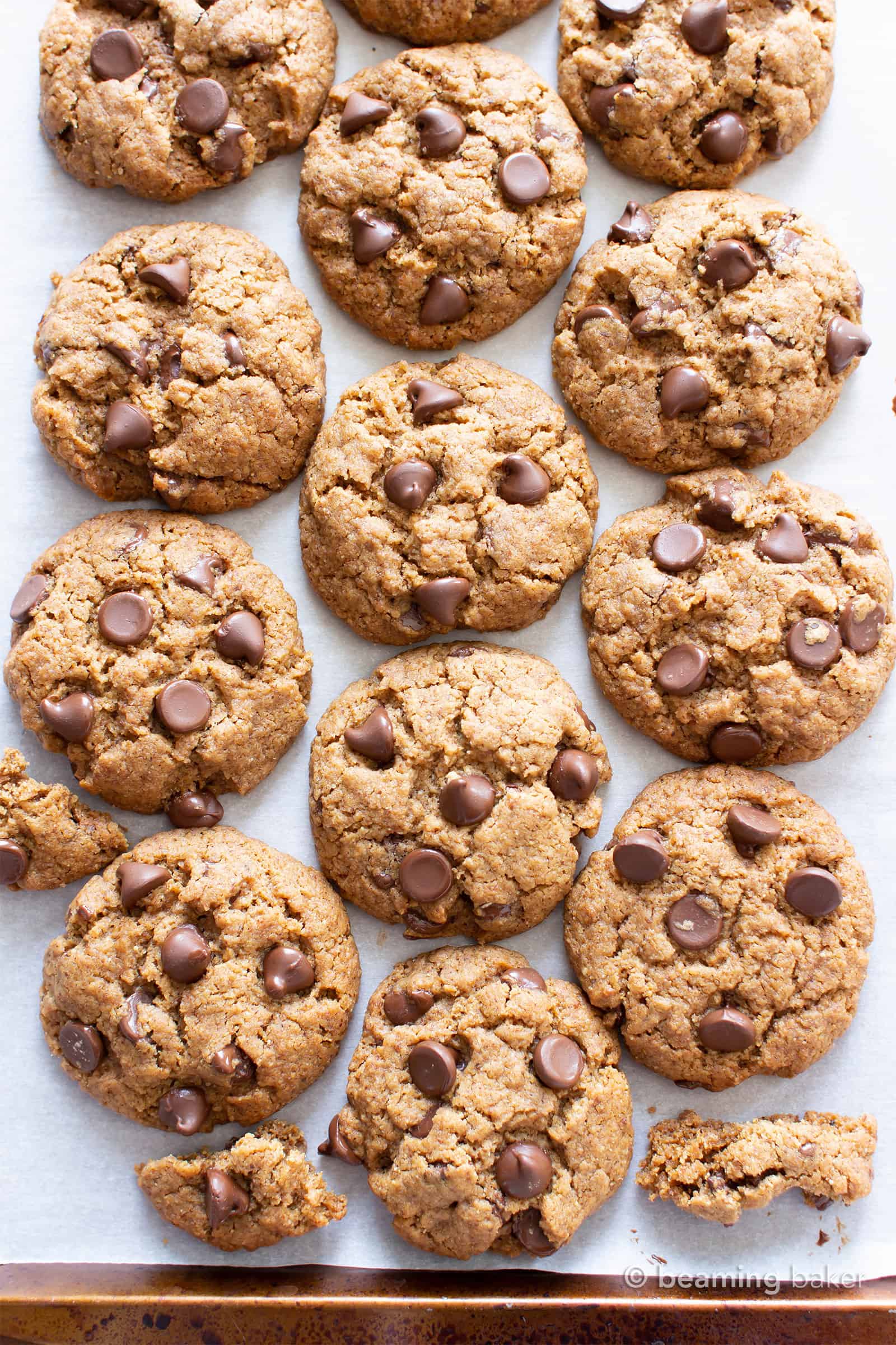 Vegan Paleo Chocolate Chip Cookies Recipe: the BEST paleo chocolate chip cookies made with coconut flour. Think: chewy exterior, soft interior, bursting with melty chocolate goodness! Meet your favorite gluten free chocolate chip cookies. #Paleo #Chocolate #Cookies #Vegan #GrainFree | Recipe at BeamingBaker.com