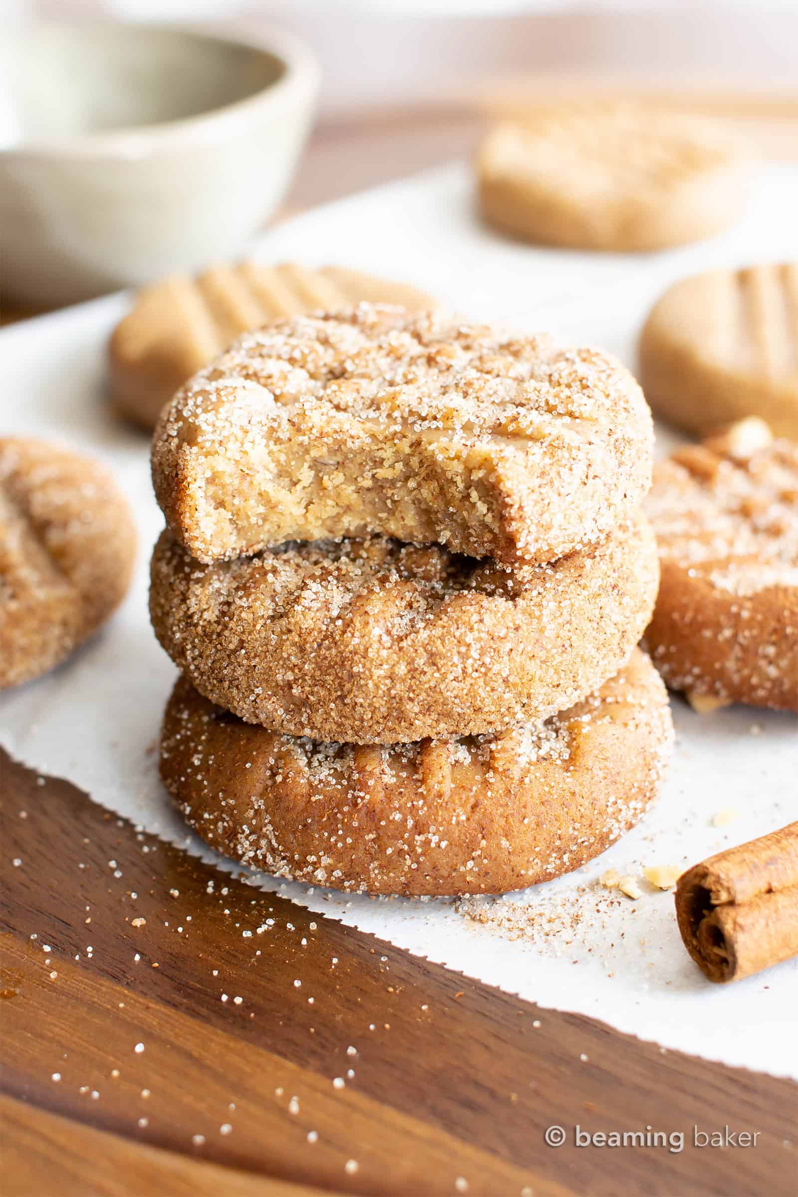 No Bake Snickerdoodle Cookies (V, GF): just 5 ingredients for easy Vegan + Gluten Free snickerdoodle cookies! These chewy, cinnamon-spiced cookies are sweet, Grain-Free, refined sugar-free, Dairy-Free, No Cook. #NoBake #Cookies #Vegan #GlutenFree | Recipe at BeamingBaker.com