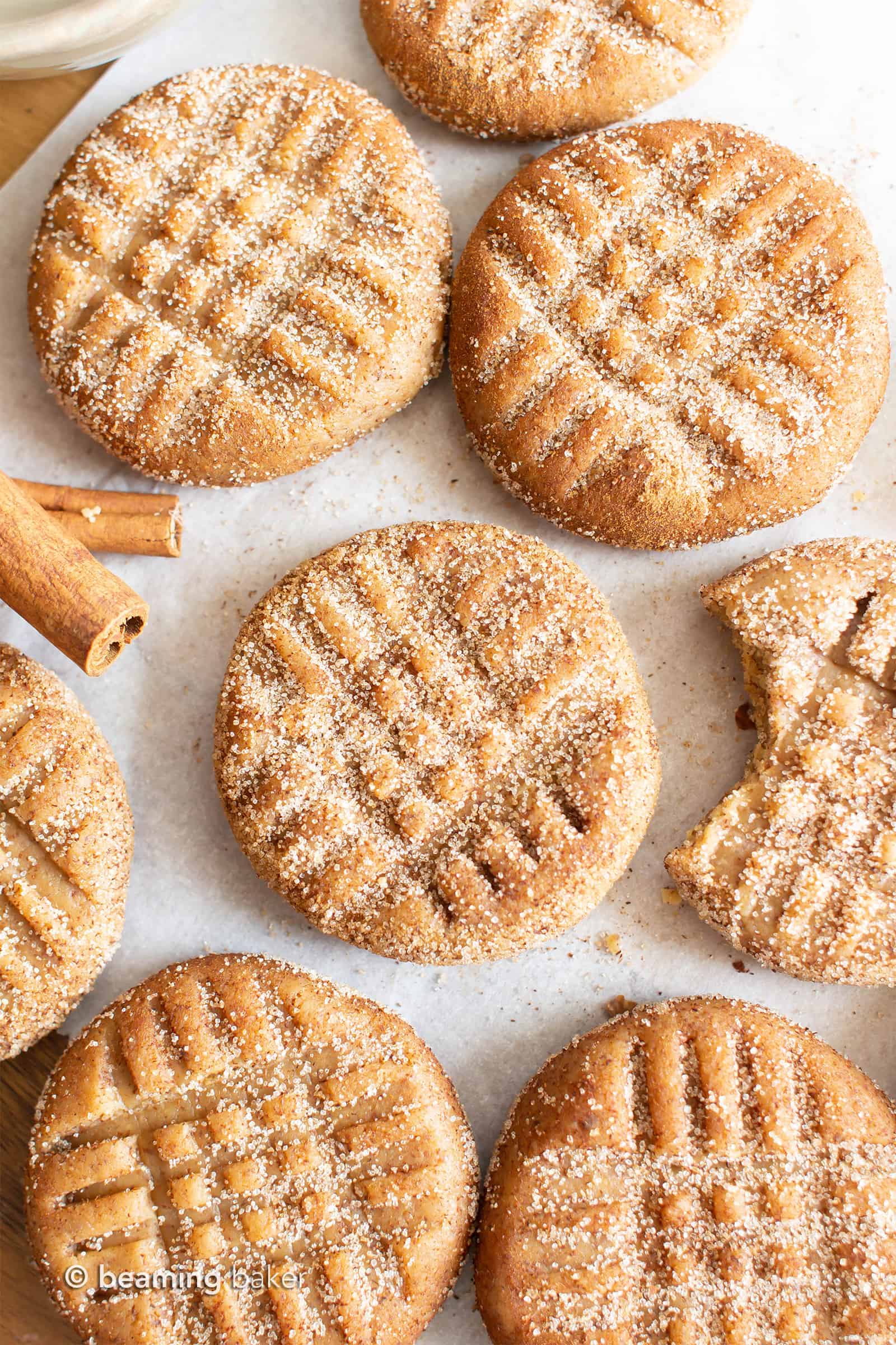 No Bake Snickerdoodle Cookies (V, GF): just 5 ingredients for easy Vegan + Gluten Free snickerdoodle cookies! These chewy, cinnamon-spiced cookies are sweet, Grain-Free, refined sugar-free, Dairy-Free, No Cook. #NoBake #Cookies #Vegan #GlutenFree | Recipe at BeamingBaker.com