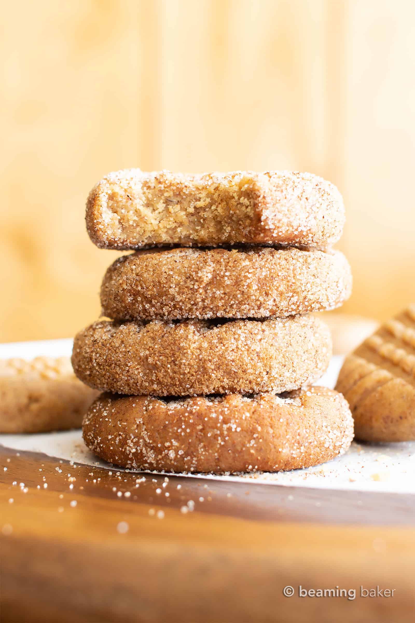 No Bake Snickerdoodle Cookies (V, GF): just 5 ingredients for easy Vegan + Gluten Free snickerdoodle cookies! These chewy, cinnamon-spiced cookies are sweet, Grain-Free, refined sugar-free, Dairy-Free, No Cook. #NoBake #Cookies #Vegan #GlutenFree | Recipe at BeamingBaker.com