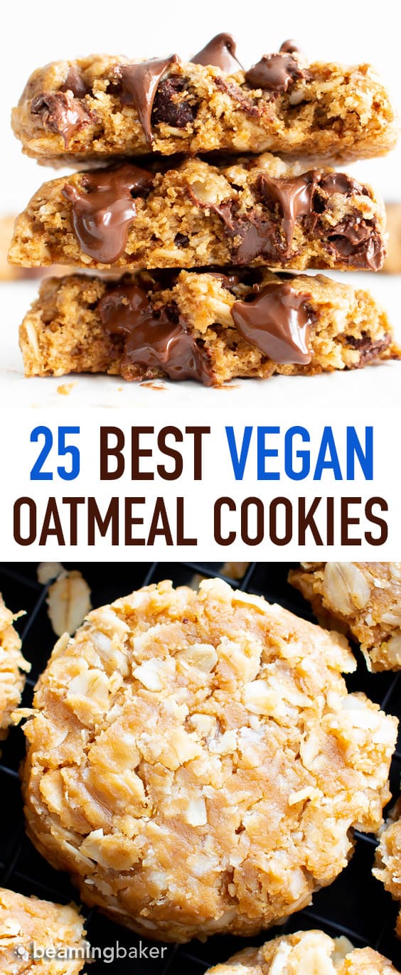 The Best Vegan Oatmeal Cookie Recipes (GF): the ultimate collection of healthy oatmeal cookies! Including all your favorites, like gluten free vegan oatmeal chocolate chip cookies, classic vegan oatmeal raisin cookies, no bake peanut butter oatmeal cookies, and more! #Vegan #GlutenFree #Cookies #DairyFree | Recipes on BeamingBaker.com