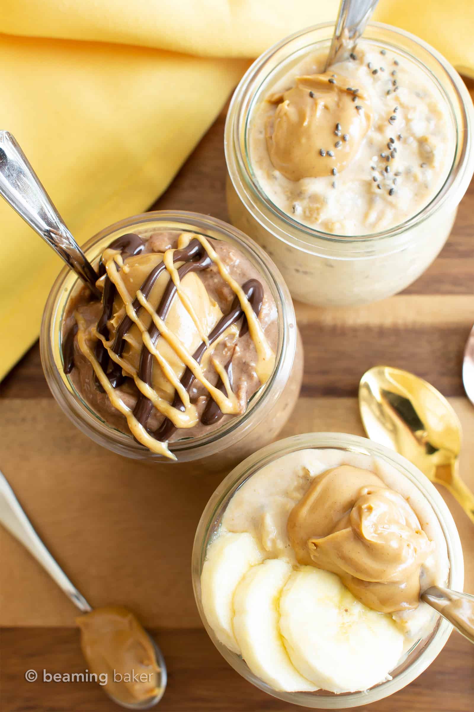 Healthy Peanut Butter Overnight Oats {3 Ways}. Learn how to make peanut butter overnight oats 3 different ways: Chocolate, Banana, and Classic PB! Easy, delicious, Vegan, Gluten-Free, Dairy-Free. #OvernightOats #PeanutButter #Breakfast #Healthy | Recipe at BeamingBaker.com