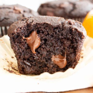 Paleo Chocolate Orange Muffins (GF): fluffy & moist Gluten Free chocolate muffins with a burst of zesty orange flavor! This Grain Free almond flour chocolate muffins recipe is EASY, Vegan & Dairy-Free! #Paleo #Muffins #GlutenFree #Chocolate | Recipe at BeamingBaker.com