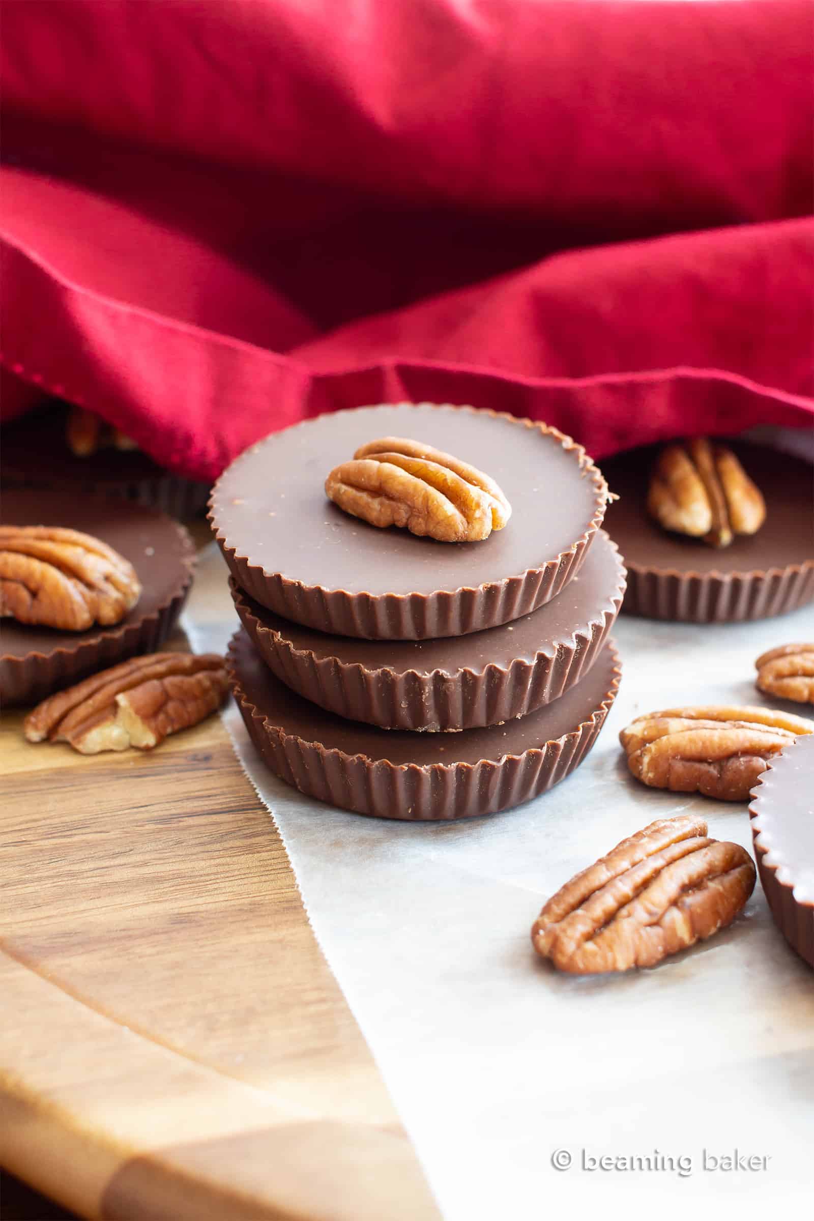 Low Carb Chocolate Fudge Pecan Cups Recipe: just 2 ingredients to make delicious Keto Fudge! Decadent, thick cups of velvety chocolate fudge with sweet pecan flavor. #Keto #LowCarb #SugarFree #Fudge #Vegan | Recipe at BeamingBaker.com